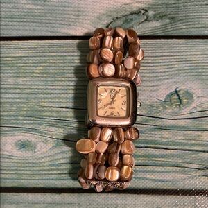 Geneva Style Women's Wrist Watch with Brown and Cream Beaded Strap